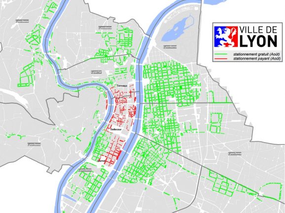 Carte du stationnement payant et gratuit à Lyon en août 2015