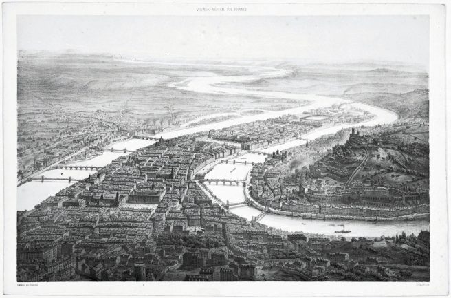 Vue aérienne de Lyon, par Guesdon, 1845 © Archives municipales de Lyon (5PH35807)