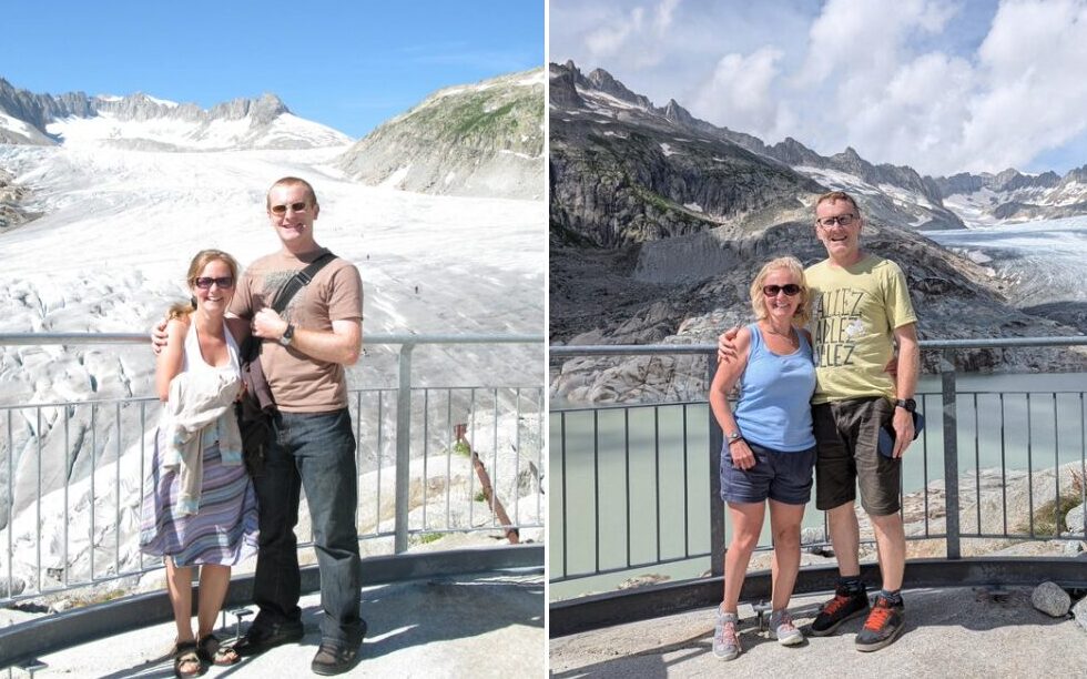 Le couple devant le glacier du Rhône, à 15 ans d'écart.